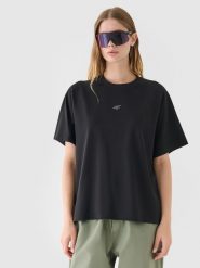 4F T-shirt oversize z nadrukiem damski - czarny M. Czarne koszulki sportowe damskie 4f, m, bez wzorów, z bawełny, klasyczne, bez kołnierzyka. W wyprzedaży za 29.99 zł.