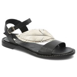 Czarno Złote Sandały Armodo Stylowe Obuwie Damskie Z Liściem. Czarne sandały damskie Armodo, bez wzorów, bez obcasa, bez zapięcia. Za 339.00 zł.