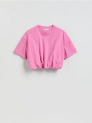 Krótki t-shirt z marszczeniem - różowy. Czerwone t-shirty damskie Reserved, l, bez wzorów, z bawełny, bez kołnierzyka. Za 49.99 zł.