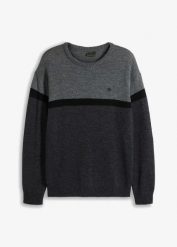 Sweter z okrągłym dekoltem, z blokami kolorów, z łatwego w pielęgnacji materiału. Szare swetry przez głowę męskie bonprix, m, bez wzorów, bez kołnierzyka. Za 92.99 zł.