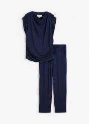 Bluzka i spodnie (2 części) z mieszanki wiskozy. Niebieskie bluzki damskie bonprix, bez wzorów, z wiskozy, bez kołnierzyka, bez ramiączek. Za 147.99 zł.