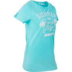 T-shirt sportowy z szerokim okrągłym dekoltem, krótki rękaw bonprix morski z nadrukiem. Niebieskie bluzki damskie bonprix, bez wzorów, bez kołnierzyka, bez ramiączek. Za 44.99 zł.