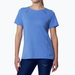 Koszulka do biegania damska Mizuno Active DryAeroFlow Tee. Niebieskie koszulki sportowe damskie Mizuno, l, bez wzorów, z materiału, bez kołnierzyka, bez ramiączek, do biegania. Za 229.99 zł.