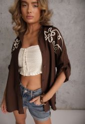 Brązowa Wiskozowa Koszula Nietoperz z Regulowanymi Rękawami i Haftem Drenesh. Brązowe bluzki damskie Renee, l, z aplikacjami, z jeansu, bez kołnierzyka, bez ramiączek. Za 89.99 zł.