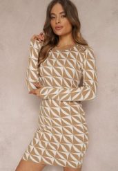 Biało-Beżowa Sukienka Dzianinowa w Geometryczny Wzór Chlaria. Brązowe sukienki damskie Renee, m, bez wzorów, z dzianiny, eleganckie, bez kołnierzyka, bez ramiączek, mini, dopasowane. Za 99.99 zł.