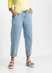 Jeansy barrel, średni stan, z elastyczną gumą w talii. Niebieskie jeansy damskie bonprix. Za 139.99 zł.