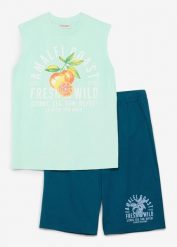 Komplet z bawełny organicznej: koszulka bez rękawów i bermudy (2 części). Zielone t-shirty dla chłopców bonprix, bez wzorów, z bawełny, bez ramiączek. Za 72.99 zł.