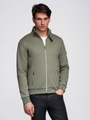 Dzianinowa kurtka z polarowym podszyciem i wysoką stójką – khaki V3 - Rozmiar: M. Brązowe kurtki męskie Ombre Clothing, na lato, m, bez wzorów, z dzianiny, eleganckie, bez kaptura. Za 269.99 zł.