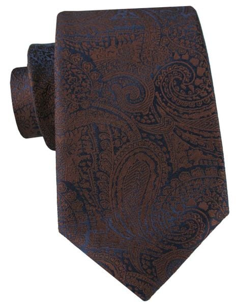 Krawat w Duży Brązowy Wzór Paisley na Granatowym Tle - Alties. Brązowe krawaty i muchy Alties, bez wzorów, z tkaniny, eleganckie. Za 55.00 zł.