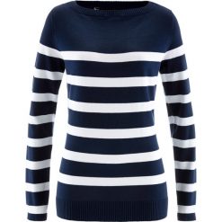 Sweter z dekoltem w łódkę, długi rękaw bonprix ciemnoniebiesko-biały w paski. Niebieskie swetry damskie bonprix, z dzianiny, z dekoltem w łódkę. Za 74.99 zł.