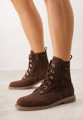 Brązowe Ażurowe Botki Skórzane Adeis. Brązowe botki damskie Born2be, z jeansu, bez obcasa, na płaskiej podeszwie, bez zapięcia. Za 199.99 zł.