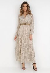 Jasnobeżowa Sukienka Z Paskiem Deinene. Brązowe sukienki damskie Born2be, l, bez wzorów, bez kołnierzyka, bez ramiączek, maxi, kopertowe. Za 159.99 zł.