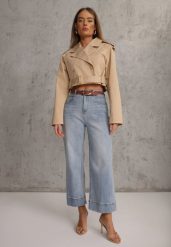 Niebieskie Szerokie Jeansy z Bawełną High Waist Ozdobione Przeszyciami Timolis. Niebieskie jeansy damskie Renee, z podwyższonym stanem. Za 109.99 zł.