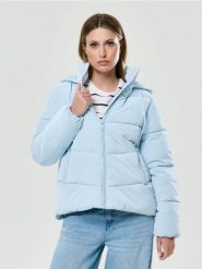 Ocieplana kurtka puffer z kapturem - błękitny. Niebieskie kurtki damskie Sinsay, l, bez wzorów, z kapturem. Za 89.99 zł.