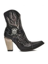 NEW ROCK Kowbojki M-7919-S1 Czarny. Czarne botki damskie NEW ROCK, ze skóry, rockowe, bez obcasa, na słupku, bez zapięcia. Za 1,289.00 zł.