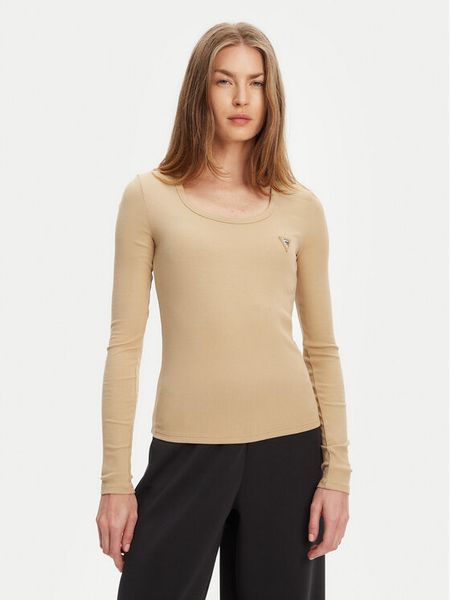 Guess Bluzka V4BP07 K8RT2 Beżowy Regular Fit. Brązowe bluzki damskie Guess, xs, z aplikacjami, z wiskozy, bez kołnierzyka, bez ramiączek. Za 119.99 zł.