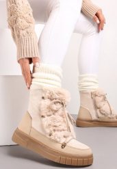 Beżowe Mocno Ocieplone Śniegowce z Futerkiem Wzdłuż Wiązania Avivina. Brązowe śniegowce i trapery damskie Renee, z jeansu. Za 129.99 zł.