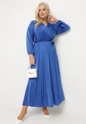 Niebieska Sukienka Maxi z Gumką w Pasie i Kopertowym Dekolcie Bertrama. Niebieskie sukienki damskie Born2be, l, bez wzorów, z materiału, bez kołnierzyka, bez ramiączek, maxi, kopertowe. Za 69.99 zł.