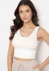 Biało-Beżowy Tank Top w Paski z Prążkowanej Tkaniny Sesillia. Brązowe bluzki damskie Born2be, s, bez wzorów, z jeansu, eleganckie, bez kołnierzyka, bez ramiączek. Za 24.99 zł.