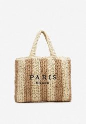 Beżowa Torebka Shopper Plażowa z Napisem Navirael. Brązowe torebki shopper damskie Born2be, bez wzorów, bez dodatków. Za 79.99 zł.