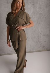 Zielony Wiskozowy Komplet z Lnem Spodnie Wide Leg i Bluzka o Kroju Marynarki Daprise. Zielone spodnie materiałowe damskie Renee, l, bez wzorów, z wiskozy. Za 299.99 zł.