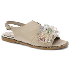 Sandały damskie Chebello, naturalna skóra licowa ozdobny kwiat z kryształowych aplikacji na pasku płaska podeszwa, bezowy, 2937_-394-000-PSK-S130. Brązowe sandały damskie CheBello, z aplikacjami, ze skóry, bez obcasa, na płaskiej podeszwie, bez zapięcia. Za 289.00 zł.