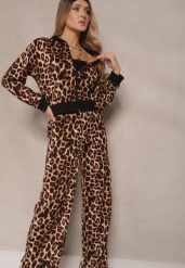 Brązowy Komplet Dresowy w Panterkowy Print Bluza i Spodnie o Szerokim Kroju Sonariela. Brązowe bluzy damskie Renee, m, z aplikacjami, z dresówki, bez kaptura. Za 74.99 zł.