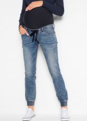 Dżinsy ciążowe jogger, z bawełny organicznej. Niebieskie jeansy damskie bonprix, moda ciążowa. Za 147.99 zł.