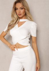 Biała Bluzka z Chokerem o Krótkim Fasonie i Trójkątnym Dekolcie Katrrie. Białe bluzki damskie Renee, na lato, s, bez wzorów, eleganckie, bez kołnierzyka, bez ramiączek. Za 54.99 zł.