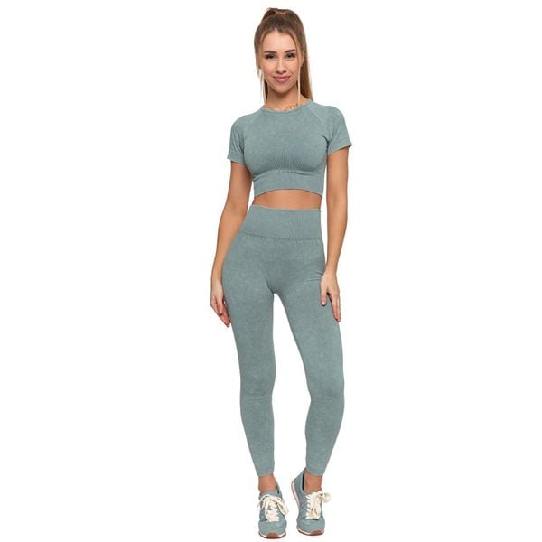 Komplet damski Moraj, top z krótkim rękawem i legginsy długie z wysokim stanem, zielone, BD1900-508 + RDL2200-013. Zielone legginsy damskie Moraj, m, bez wzorów, z materiału. Za 119.00 zł.