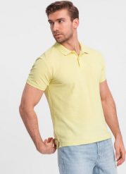 Ombre Jednokolorowa koszulka polo męska BASIC z dzianiny pique - żółta V15 OM-POBS-0100 S. Żółte koszulki polo męskie Ombre, m, bez wzorów, z dzianiny, bez ramiączek. Za 79.99 zł.