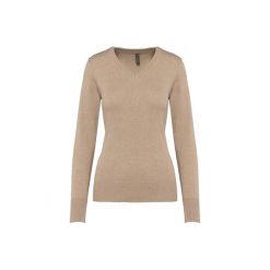 Damski sweter v-neck Kariban. Brązowe swetry damskie KARIBAN, na zimę, bez wzorów, bez kołnierzyka, bez ramiączek, bez kaptura. Za 185.00 zł.