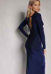 Granatowa Dopasowana Sukienka Midi z Metaliczną Nitką i Odkrytymi Plecami Niorve. Niebieskie sukienki damskie Born2be, l, z aplikacjami, z tkaniny, bez kołnierzyka, bez ramiączek, midi, dopasowane. Za 169.99 zł.