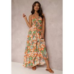 Pomarańczowa Sukienka Nourane. Brązowe sukienki damskie Renee, na co dzień, na lato, l, bez wzorów, z tkaniny, boho, bez kołnierzyka, bez ramiączek, maxi, kopertowe. Za 69.99 zł.