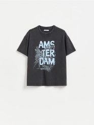 Bawełniany t-shirt z nadrukiem - ciemnoszary. Szare t-shirty damskie Reserved, l, bez wzorów, z bawełny, bez kołnierzyka. Za 59.99 zł.