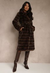 Brązowy Płaszcz Futerko z Dodatkowym Wiązanym Paskiem Alinella. Brązowe płaszcze damskie Renee, m, bez wzorów, z futra, eleganckie, bez kaptura. Za 389.99 zł.