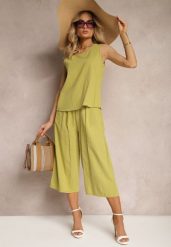 Jasnozielony 2-Częściowy Komplet z Bawełny Luźny Top i Szerokie Spodnie Nezara. Zielone spodnie materiałowe damskie Renee, s, bez wzorów, z bawełny. Za 49.99 zł.