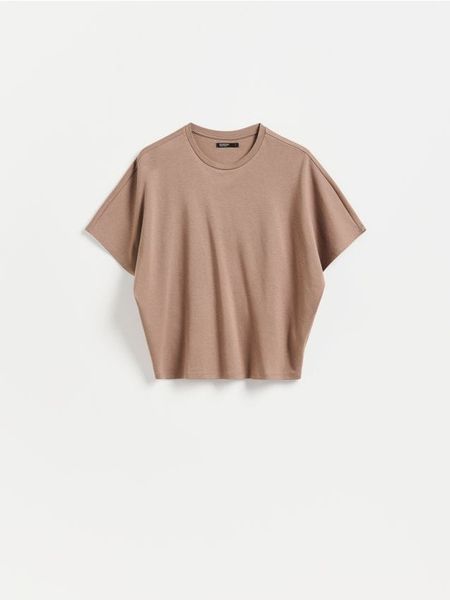 T-shirt oversize - brązowy. Brązowe t-shirty damskie Reserved, l, bez wzorów, z bawełny, bez kołnierzyka. Za 69.99 zł.