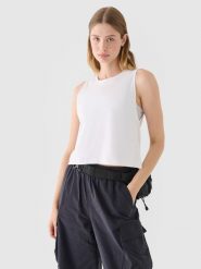 4F Crop top regular gładki damski - biały M. Białe koszulki sportowe damskie 4f, m, bez wzorów, z bawełny, bez kołnierzyka, bez ramiączek. W wyprzedaży za 29.99 zł.