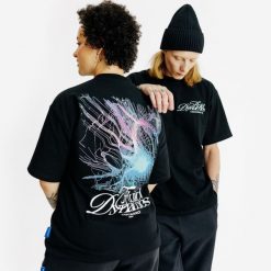 Koszulka z grafiką. Czarne t-shirty damskie Decathlon, xl, bez wzorów, z bawełny, bez kołnierzyka. W wyprzedaży za 49.99 zł.