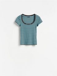 T-shirt z bawełną - niebieski. Niebieskie t-shirty damskie Reserved, l, bez wzorów, z bawełny, bez kołnierzyka. Za 59.99 zł.