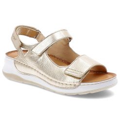 Sandały damskie Wasak, skórzane na platformie na rzepy z miękkimi wkładkami, złote groszek, 765. Żółte sandały damskie Wasak, bez wzorów, ze skóry, bez obcasa, na koturnie, bez zapięcia. Za 189.00 zł.