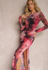 Fuksjowa Siateczkowa Sukienka Bodycon w Marmurkowy Wzór z Rozcięciem na Dole Valerimes. Czerwone sukienki damskie Renee, na co dzień, l, bez wzorów, bez kołnierzyka, bez ramiączek, maxi, bodycon. Za 119.99 zł.