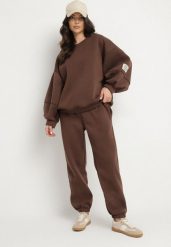 Brązowy Komplet Dresowy Bluza i Joggery Podszyte Polarem Zibea. Brązowe bluzy damskie Born2be, bez wzorów, z bawełny, bez kaptura. Za 169.99 zł.