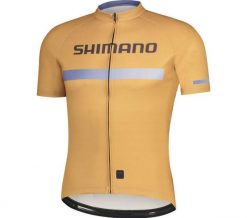 Koszulka z krótkim rękawem LOGO, matowe złoto. Żółte koszulki sportowe męskie Shimano, na lato, l, bez wzorów, z materiału, bez kołnierzyka, bez ramiączek, rowerowe. Za 329.90 zł.