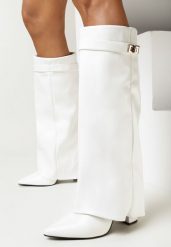 Białe Kozaki ze Szpiczastym Noskiem i Wywiniętą Cholewką Quirina. Białe kozaki damskie Born2be, z materiału, ze szpiczastym noskiem, bez obcasa, na obcasie. Za 199.99 zł.