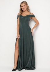 Ciemnozielona Sukienka Koktajlowa na Ramiączkach z Opadającymi Ramionami Emariana. Zielone sukienki damskie Born2be, na imprezę, m, bez wzorów, eleganckie, bez kołnierzyka, bez ramiączek, maxi. Za 169.99 zł.