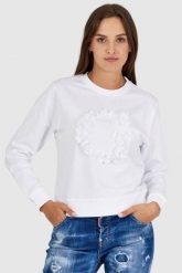 GUESS Biała bluza damska z literką g obszytą płatkami, Rozmiar M. Białe bluzy damskie Guess, m, z aplikacjami, bez kaptura. W wyprzedaży za 299.99 zł.