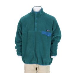 Patagonia sweter męski Synchilla Snap-T zielony. Zielone swetry przez głowę męskie Patagonia, l, bez wzorów, z jeansu, bez kołnierzyka. Za 255.56 zł.