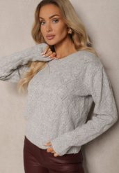 Jasnoszary Sweter w Klasycznym Stylu z Tłoczonym Wzorem Deriel. Szare swetry damskie Renee, bez wzorów, z jeansu, casualowe, bez kołnierzyka, bez ramiączek, długie, bez kaptura. Za 129.99 zł.